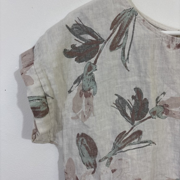 Terzo Milennio S Linen Top Floral High Low Hem Cream Boho Natural Fibers Italy - Picture 2 of 8